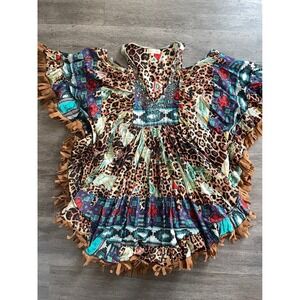 Chloe Laetitia Boho Patchwork Leopard Fringe Kaftan Top S/M